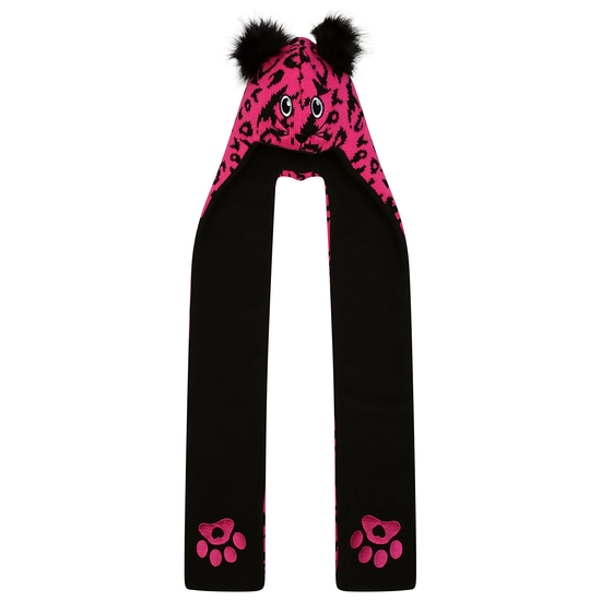 Kids' Snowplay 3-in-1 Hat Scarf Pink Black Leopard Print