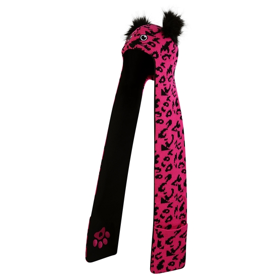 Kids' Snowplay 3-in-1 Hat Scarf Pink Black Leopard Print