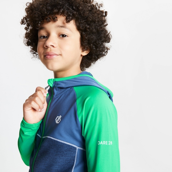 Kids' Hasty Full Zip Hooded Lightweight Core Stretch Midlayer Vivid Green Dark Denim