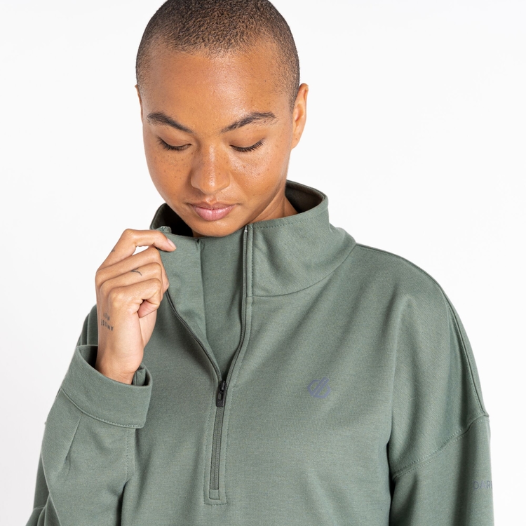 Sweat-shirt Femme Vert Demi-zip Coton Avec Poche –
