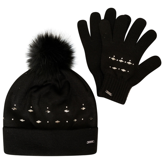 Women's Crystal Hat & Gloves Set  Black