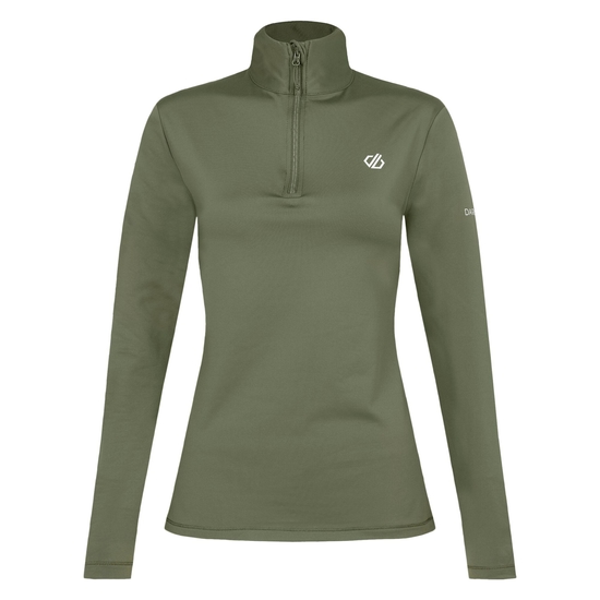 Sous-couche Femme stretch extensible et légère Lowline II avec ouverture 1/2 zip Olive Verte