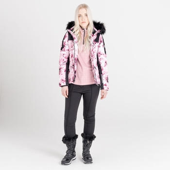 Swarovski Embellished - Women's Prestige Waterproof Ski Jacket Powder Pink Dogtooth Print
