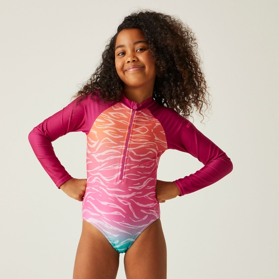 Kids Long Sleeve Swim Suit Flamingo Pink Satsuma Ombre