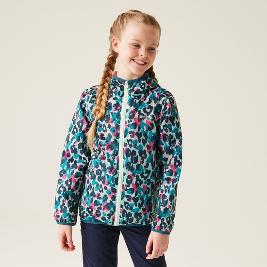 Kids' Printed Lever Packaway Waterproof Jacket Bleached Aqua Animal Print