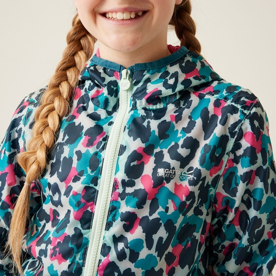 Kids' Printed Lever Packaway Waterproof Jacket Bleached Aqua Animal Print