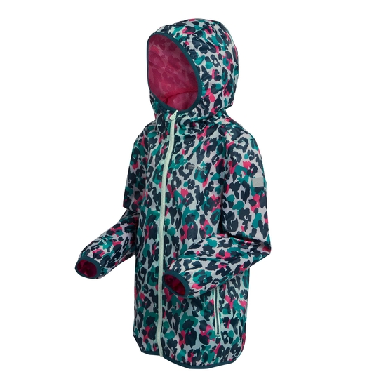 Kids' Printed Lever Packaway Waterproof Jacket Bleached Aqua Animal Print