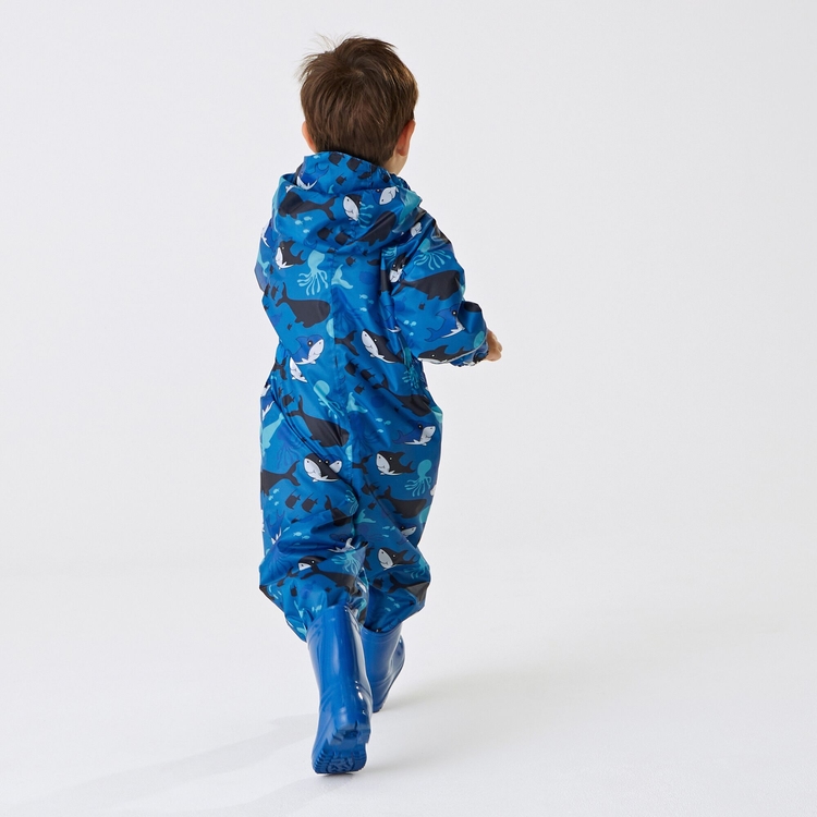 Kids Pobble Waterproof Puddle Suit Bubbles The Shark Hawaiian Blue Regatta UK