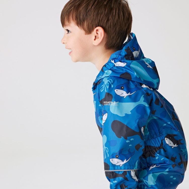 Kids Pobble Waterproof Puddle Suit Bubbles The Shark Hawaiian Blue Regatta UK