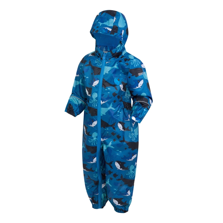 Kids Pobble Waterproof Puddle Suit Bubbles The Shark Hawaiian Blue Regatta UK