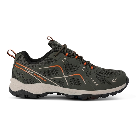 Men s Vendeavour Waterproof Walking Shoe Dark Khaki Blaze Orange Regatta UK