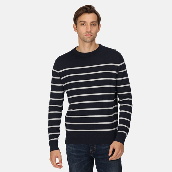 Men s Cautley Knitted Jumper Navy Silver Grey Marl Stripe