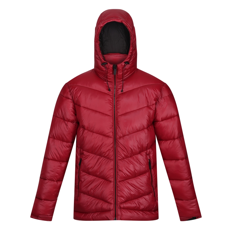 Red padded jacket with hood on sale