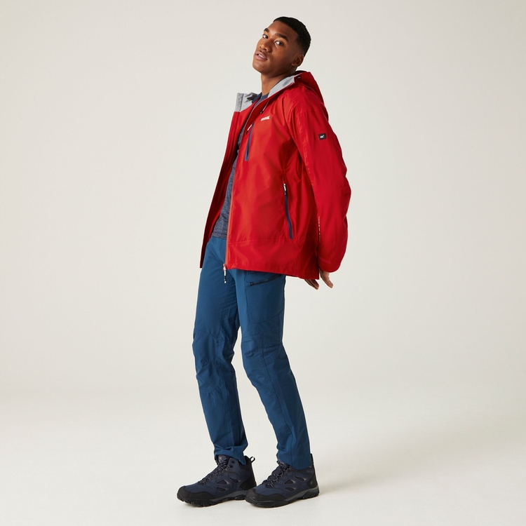 Red jacket with blue jeans on sale