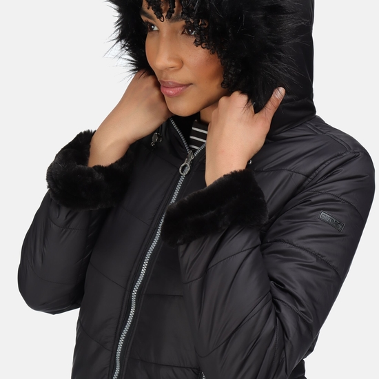 Charlize Femme Parka chaude matelassee a capuche avec bordure en fausse fourrure Noir