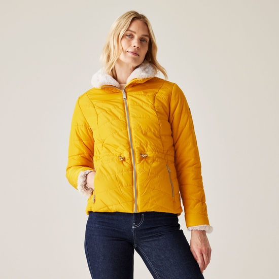 Women's yellow coat with fur hood sale