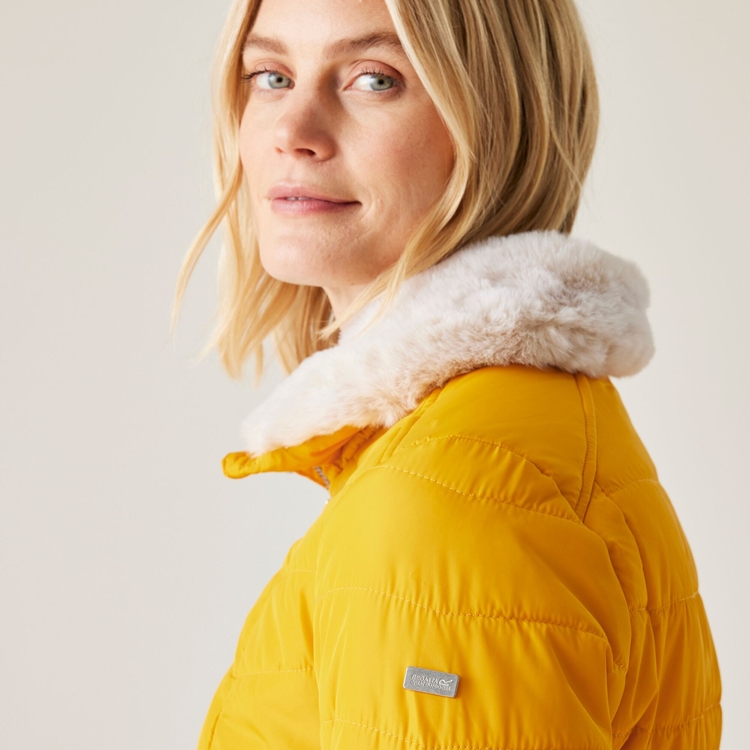 Women's yellow coat with fur hood online