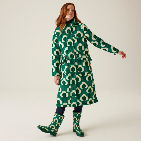 Orla Kiely Long Length Quilted Jacket Rain Cloud Emerald Eden