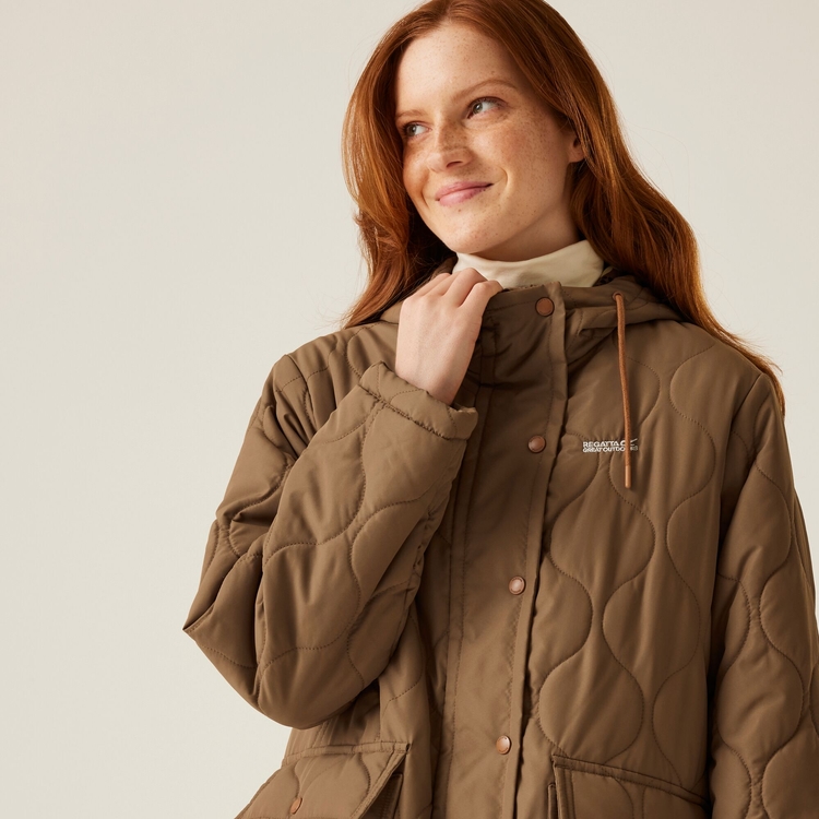 Orla Kiely Long Length Quilted Jacket Toasted Tan Rain Cloud Tan