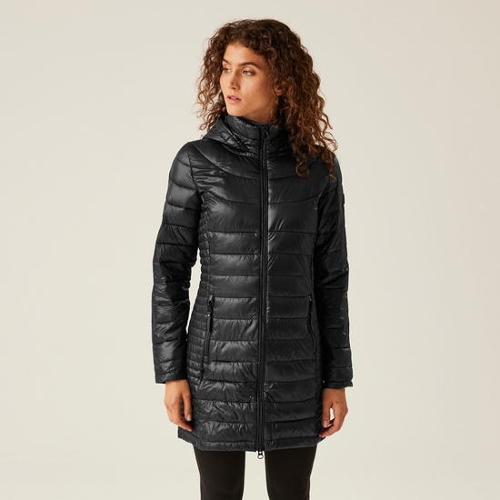 Women's black quilted jacket with hood on sale