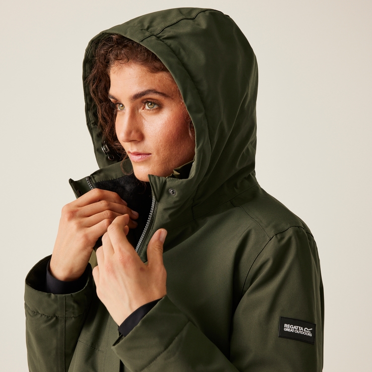 Women s Yarli Waterproof Longline Jacket Dark Khaki Black