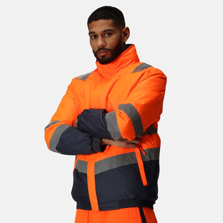 Men s Waterproof Hi Vis Bomber Jacket Orange Navy