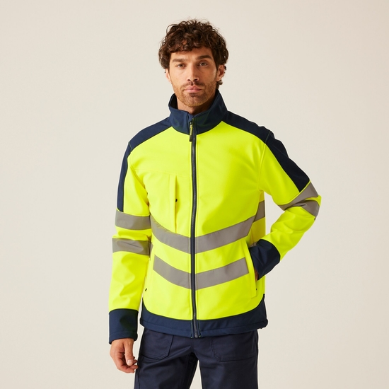 Men's Hi-Vis Layer Softshell Reflective Work Jacket Yellow Navy